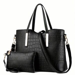 2pcs/Set Crocodile Leather Tote Bag w/Zipper Closure and Detachable Clutch NWT